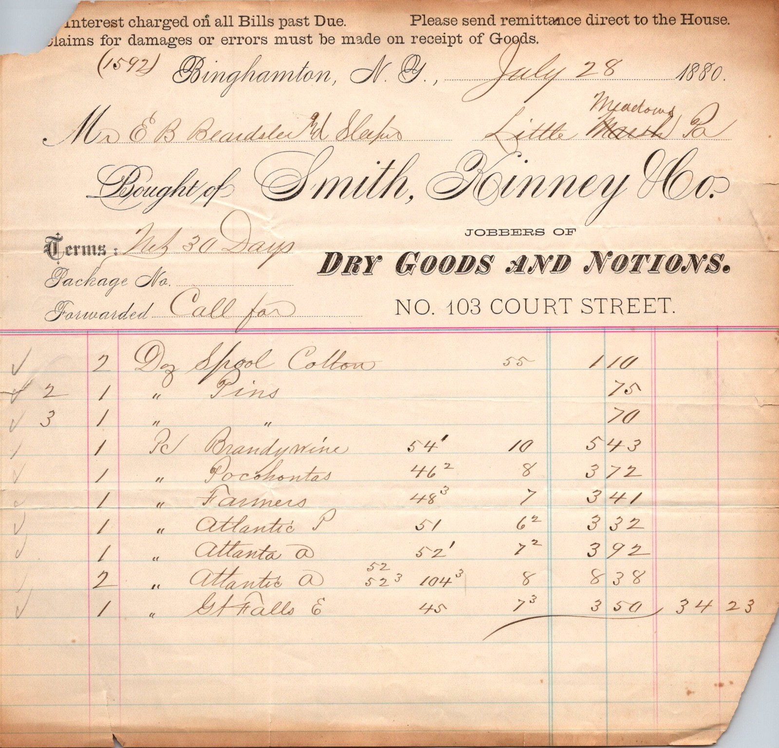 Smith Kinney & Co Dry Goods 1880 Binghamton NY Antique Letterhead Billhead TC17