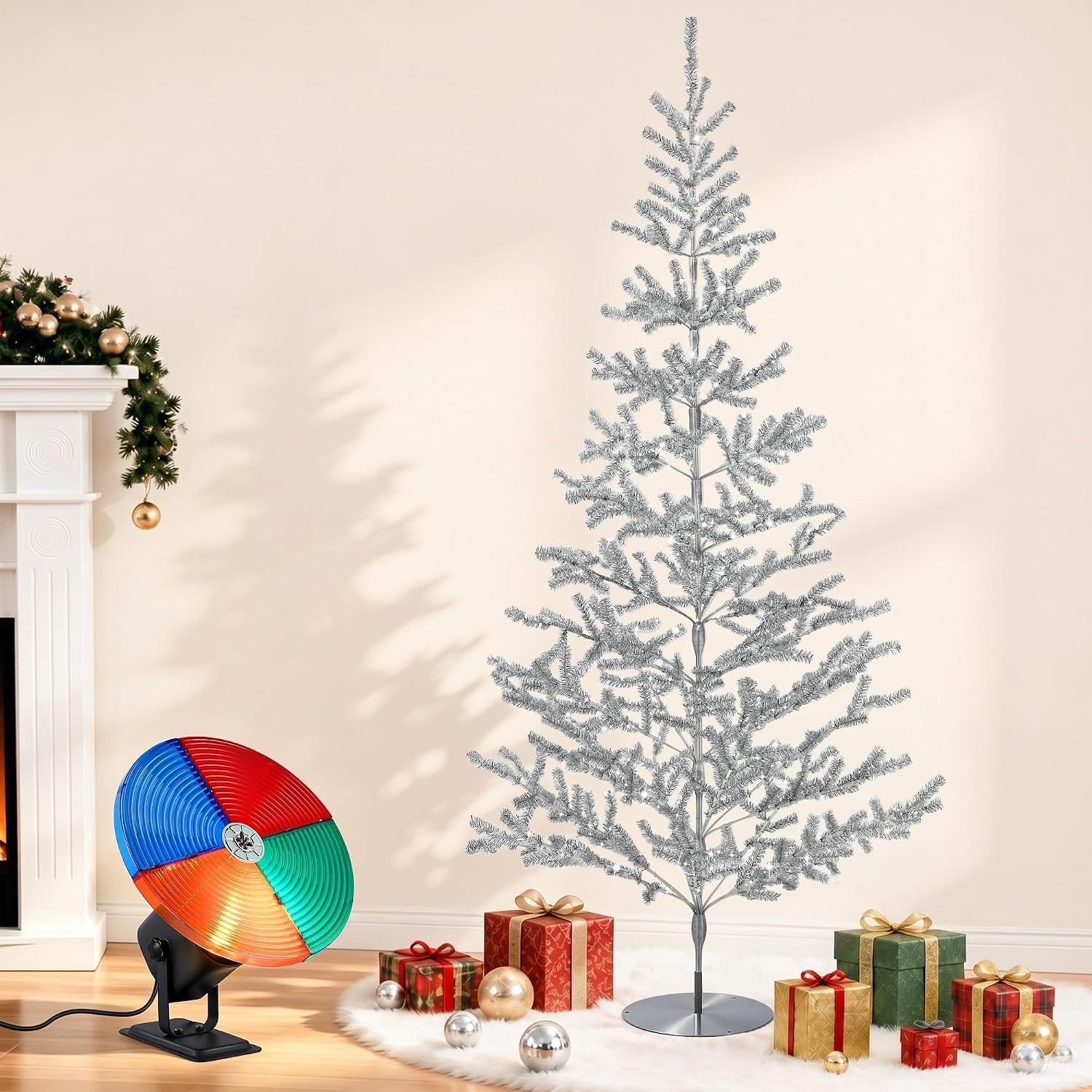 5FT Vintage Aluminum Christmas Tree with Rotating 4-Color Wheel, Silver Tinsel 5FT Vintage Aluminum Christmas Tree with Rotating 4-Color Wheel, Silver Tinsel