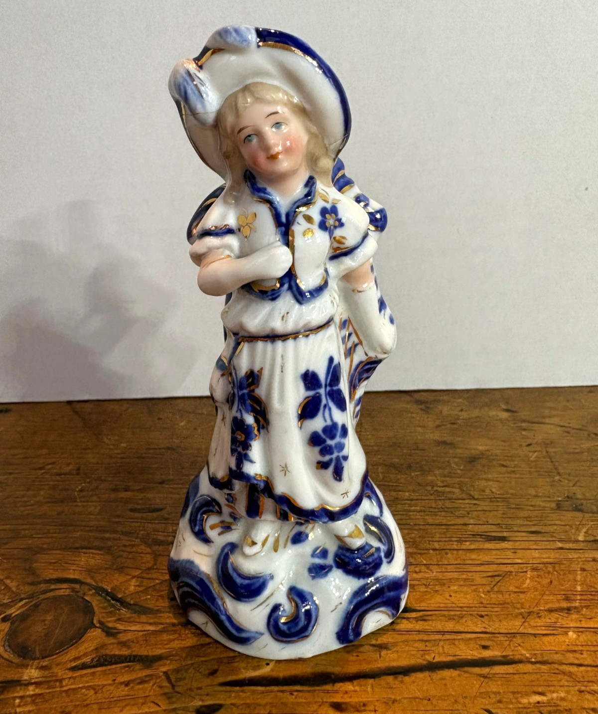 Unusual Vtg Porcelain Spill Vase Woman Figurine Cobalt Blue White Gold Gilded