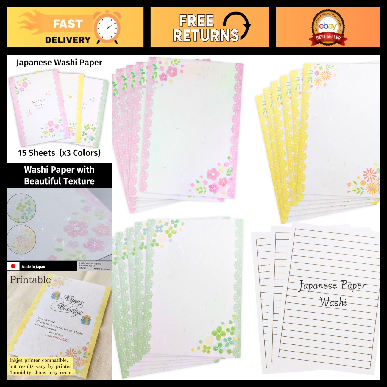 Elegant Japanese Iyo Washi Paper - 45 Sheets, 3 Floral Designs, Craft & Statione