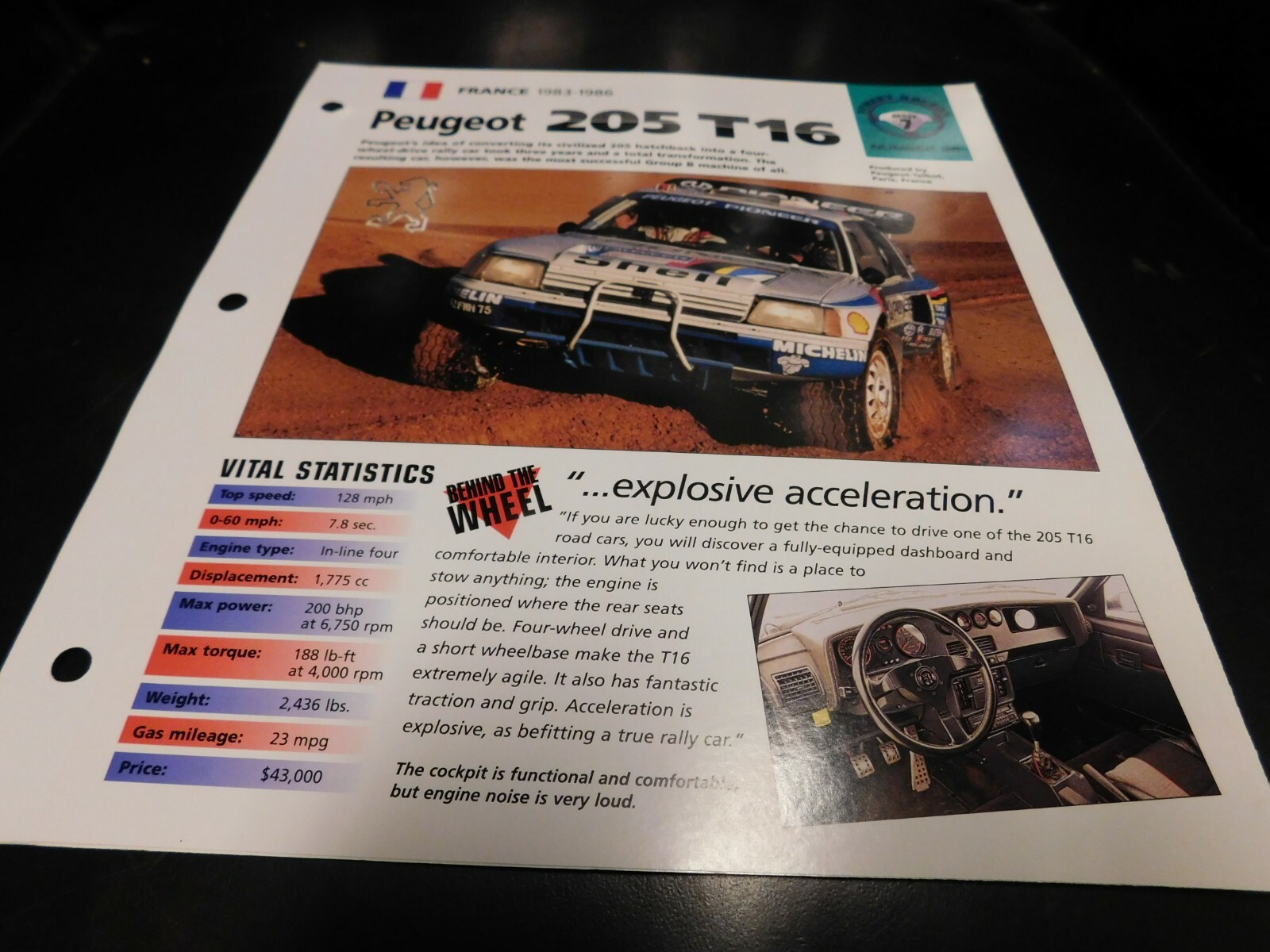 1983-1986 Peugeot 205 T16 Spec Sheet Brochure Photo Poster 1984 1985