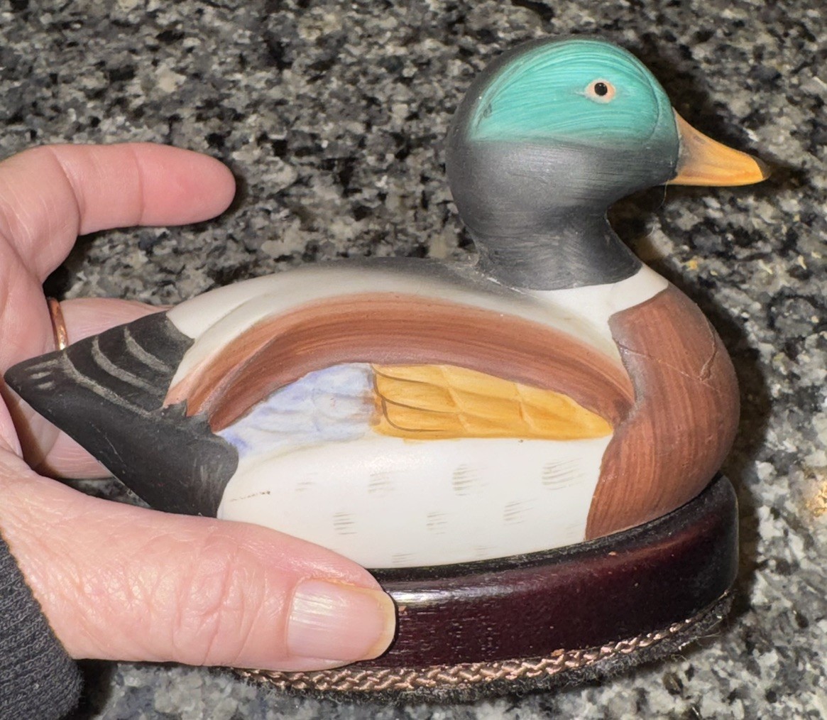 Vintage Hand Painted Mallard Duck Decoy Figurine Made in Taiwan Wood Base 5”