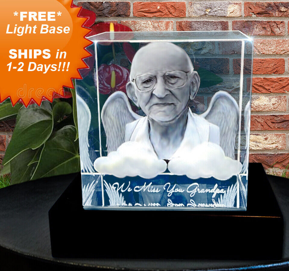 3D Crystal Cube w/Light Base, Custom Personalized Etched & Engraved Glass Photo