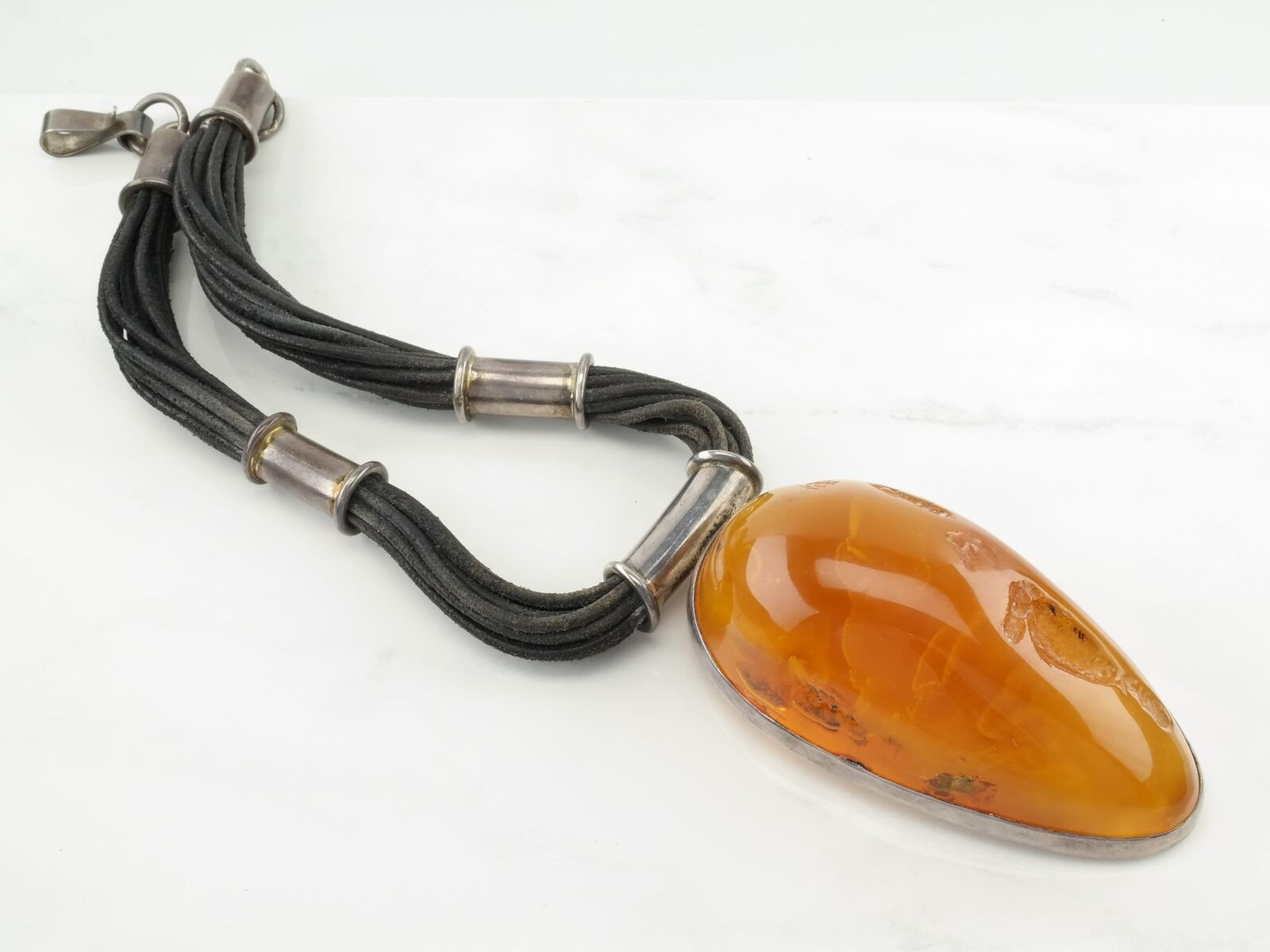 Vintage Enormous Baltic Amber Duo Tone Leather Cord Sterling Silver Necklace