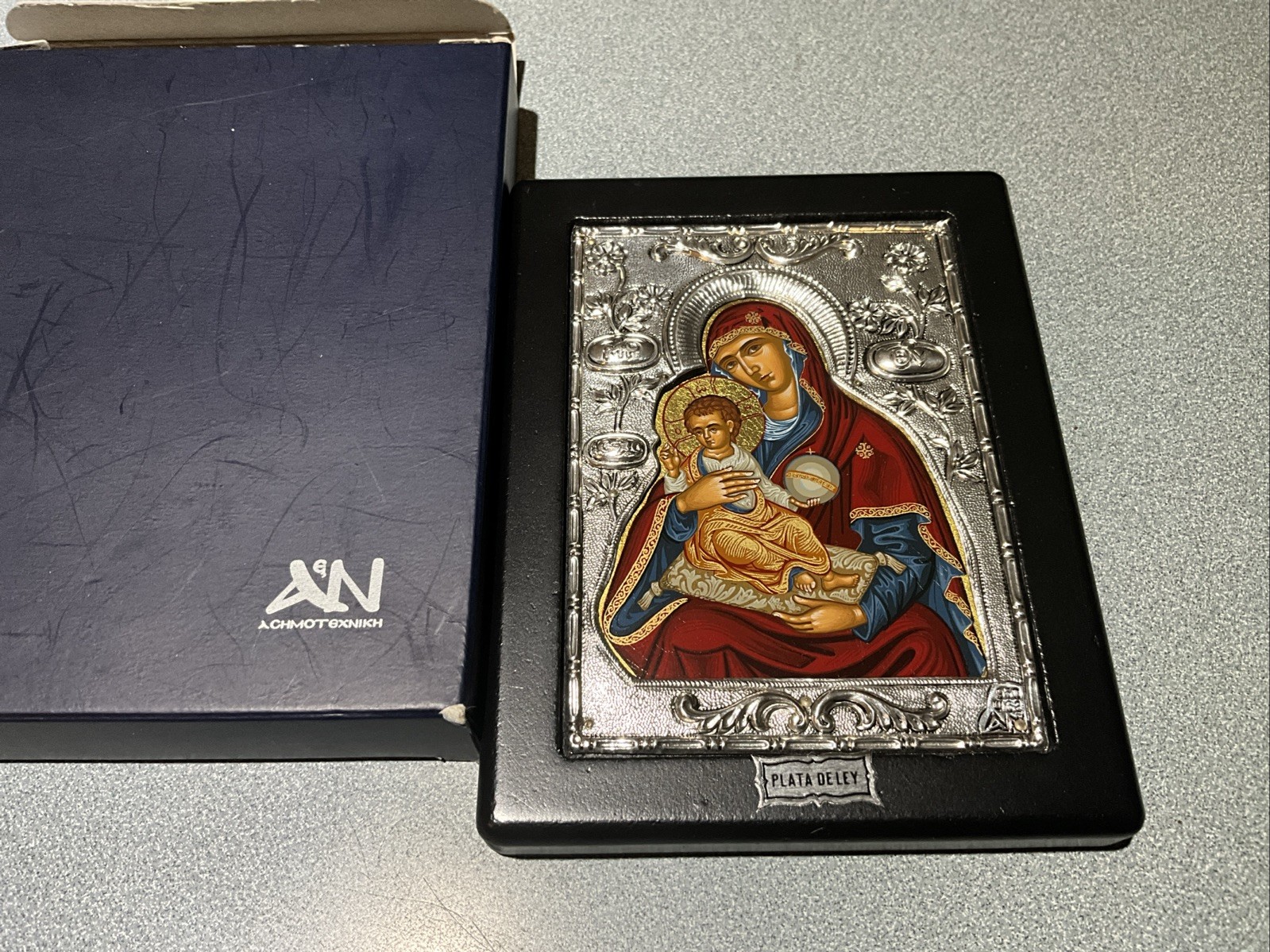950 Sterling Silver Madonna & Child Greek Orthodox Icon Plaque NEW BOX FREE SH