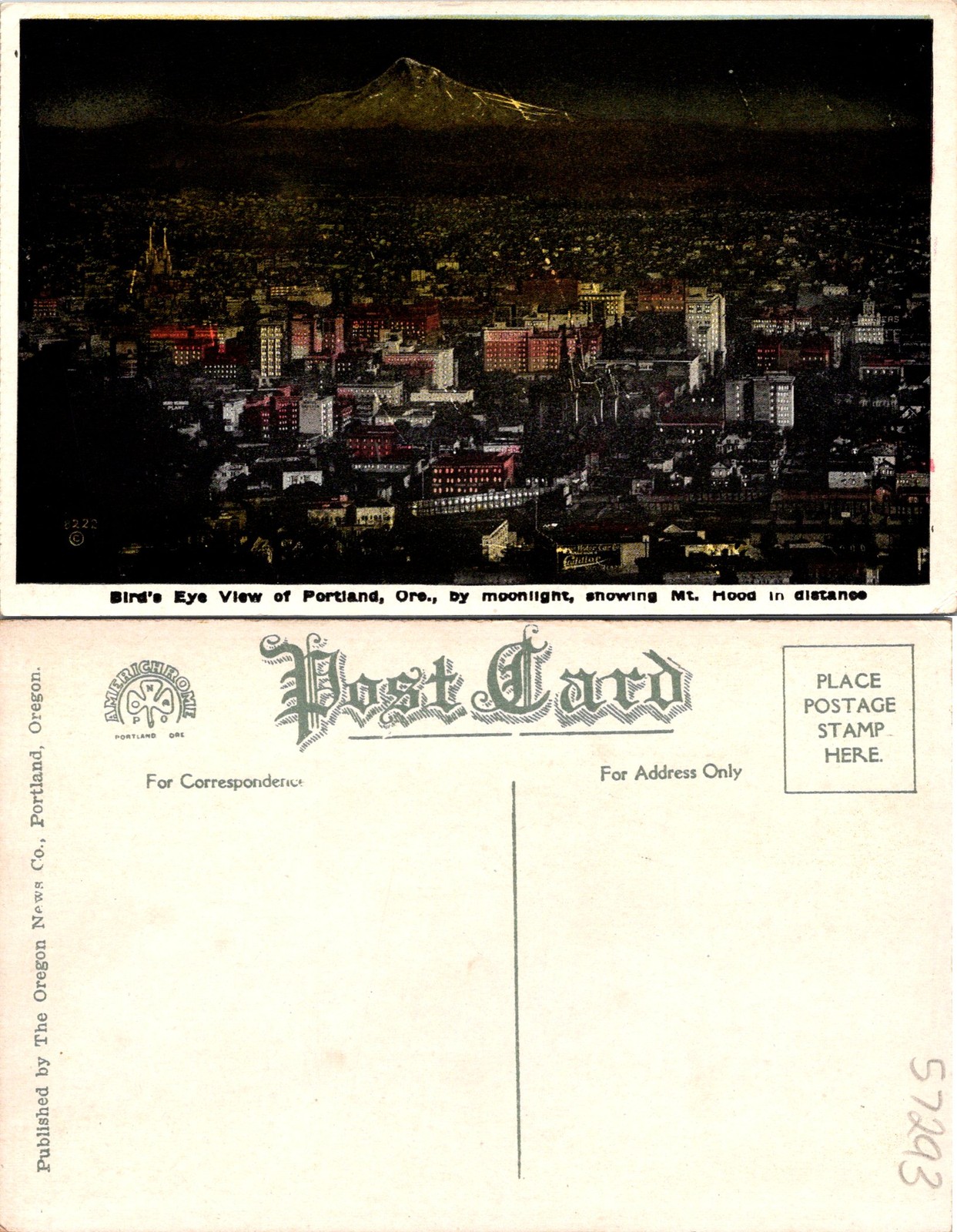 Portland OR. Aerial View Of City Under Moonlight W/ Mt. Hood Postcard 57293