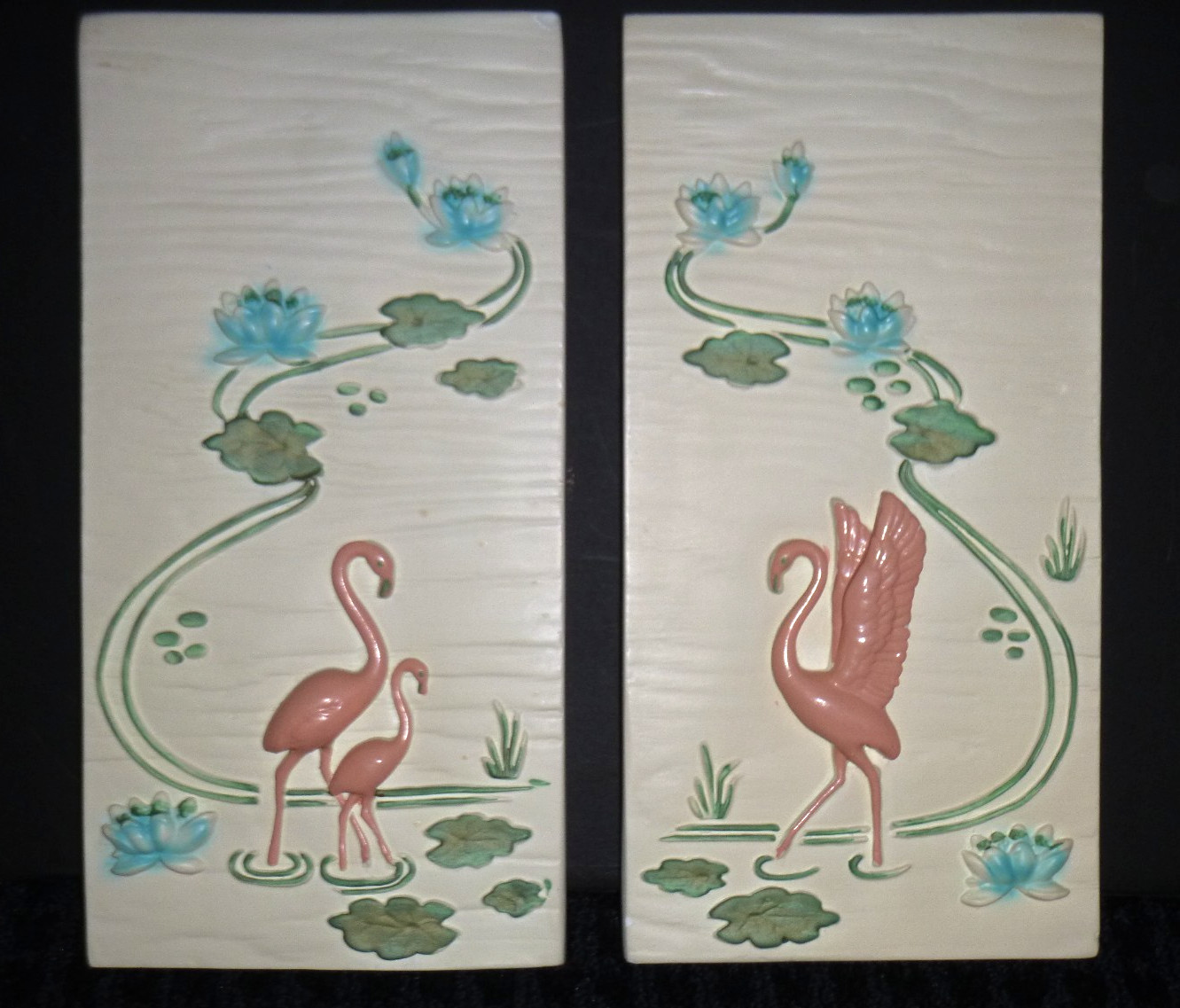 Vtg Chalkware Wall Plaques Flamingos and Water Lilies 4.75 Vtg Chalkware Wall Plaques Flamingos and Water Lilies 4.75