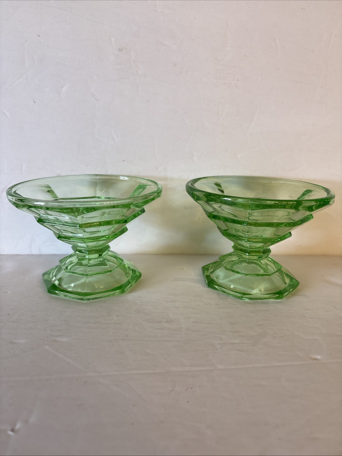 Vintage Indiana Glass Vaseline Green Depression Glass Sherbet Cups (2)