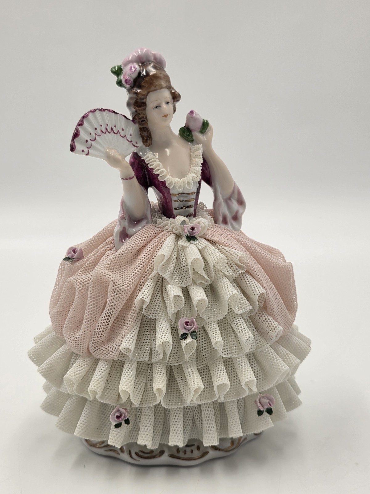 Vintage German Dresden Style Porcelain Lace Lady Figurine Fan Rose 7\