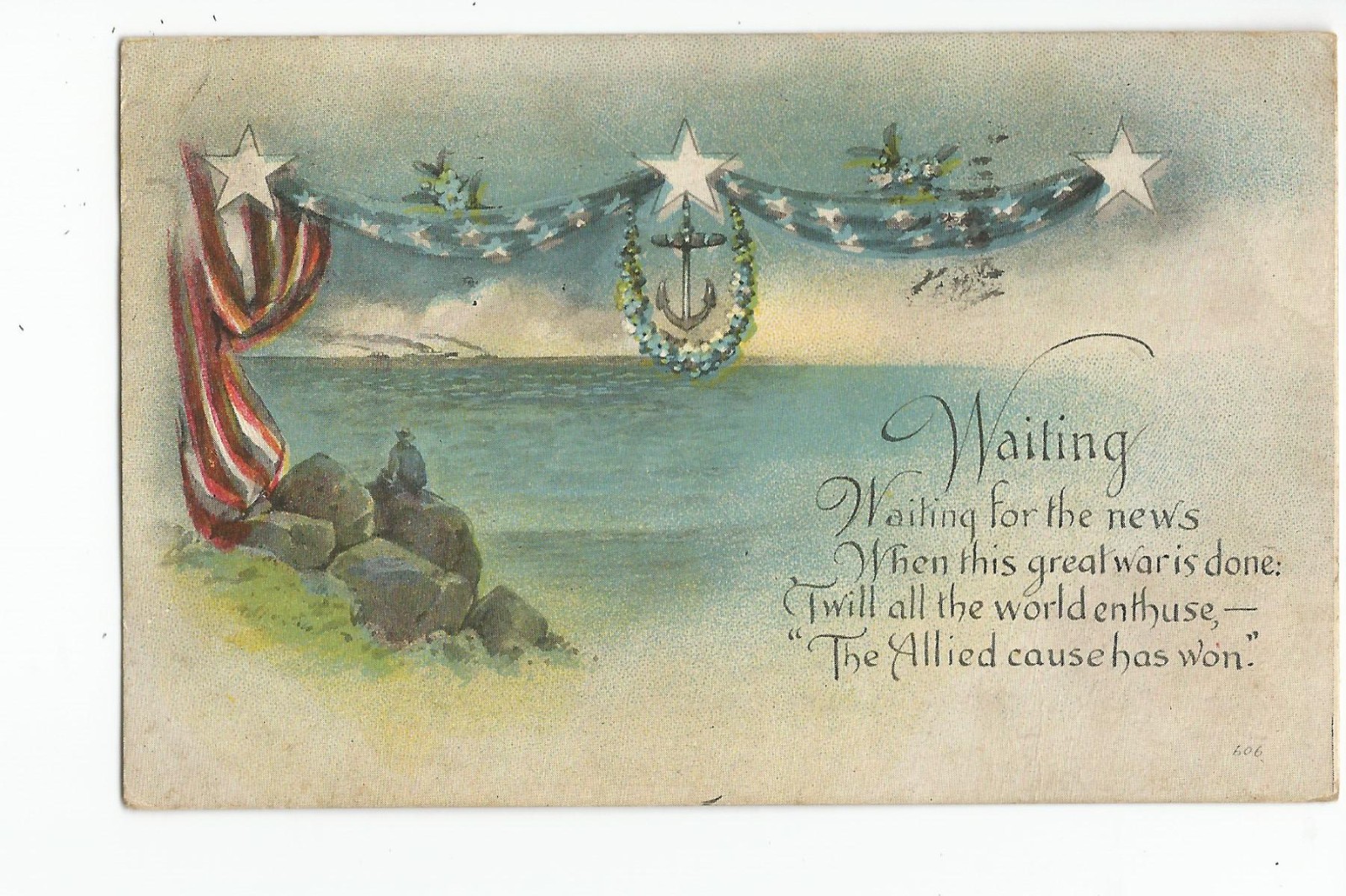 Postcard: Waiting; military; Allied forces, postmark 1918; World War I, WWI poem Postcard: Waiting; military; Allied forces, postmark 1918; World War I, WWI poem