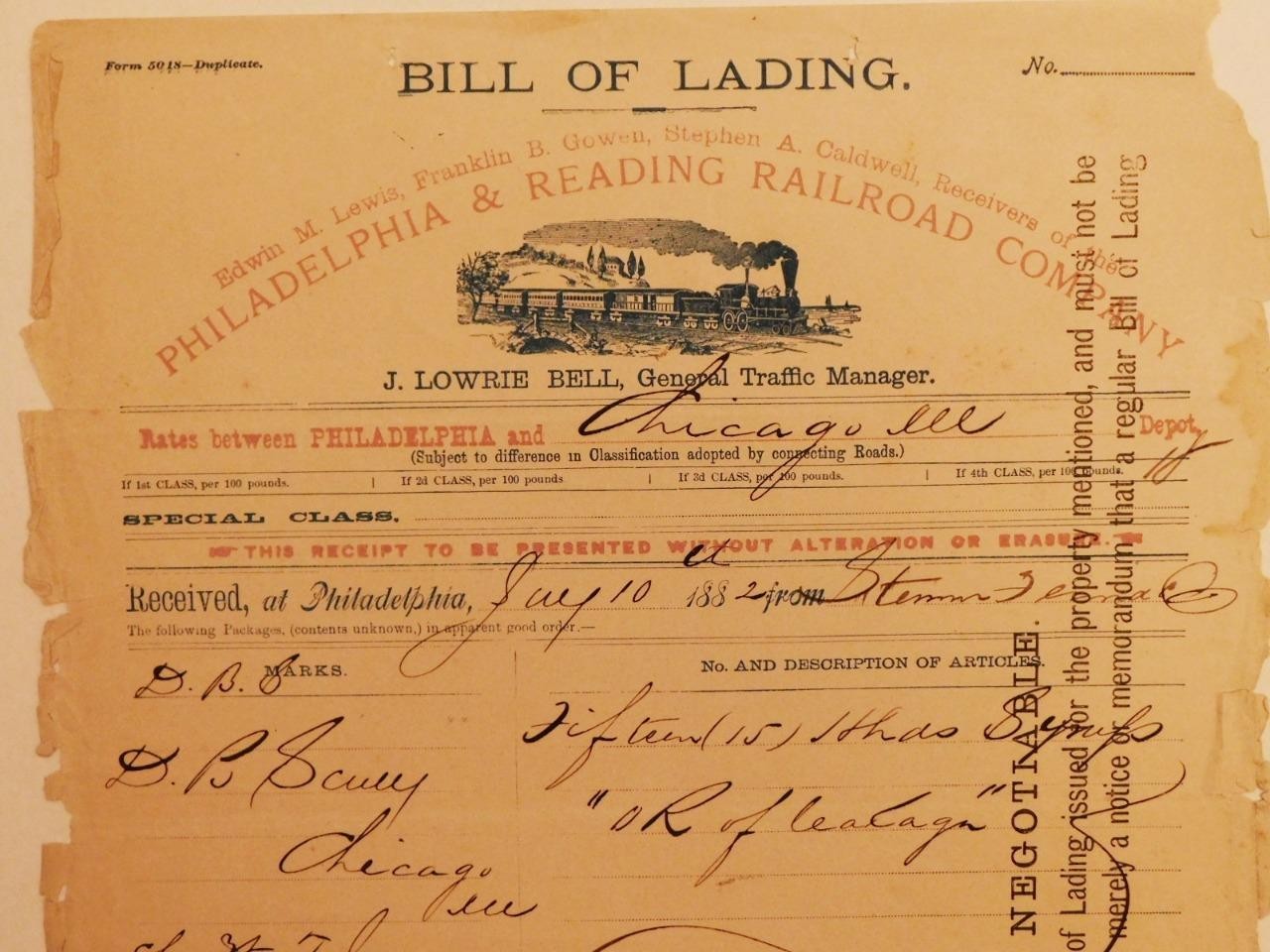 1882 Philadelphia & Reading Railroad Co Bill of Lading Rates to Chicago C337