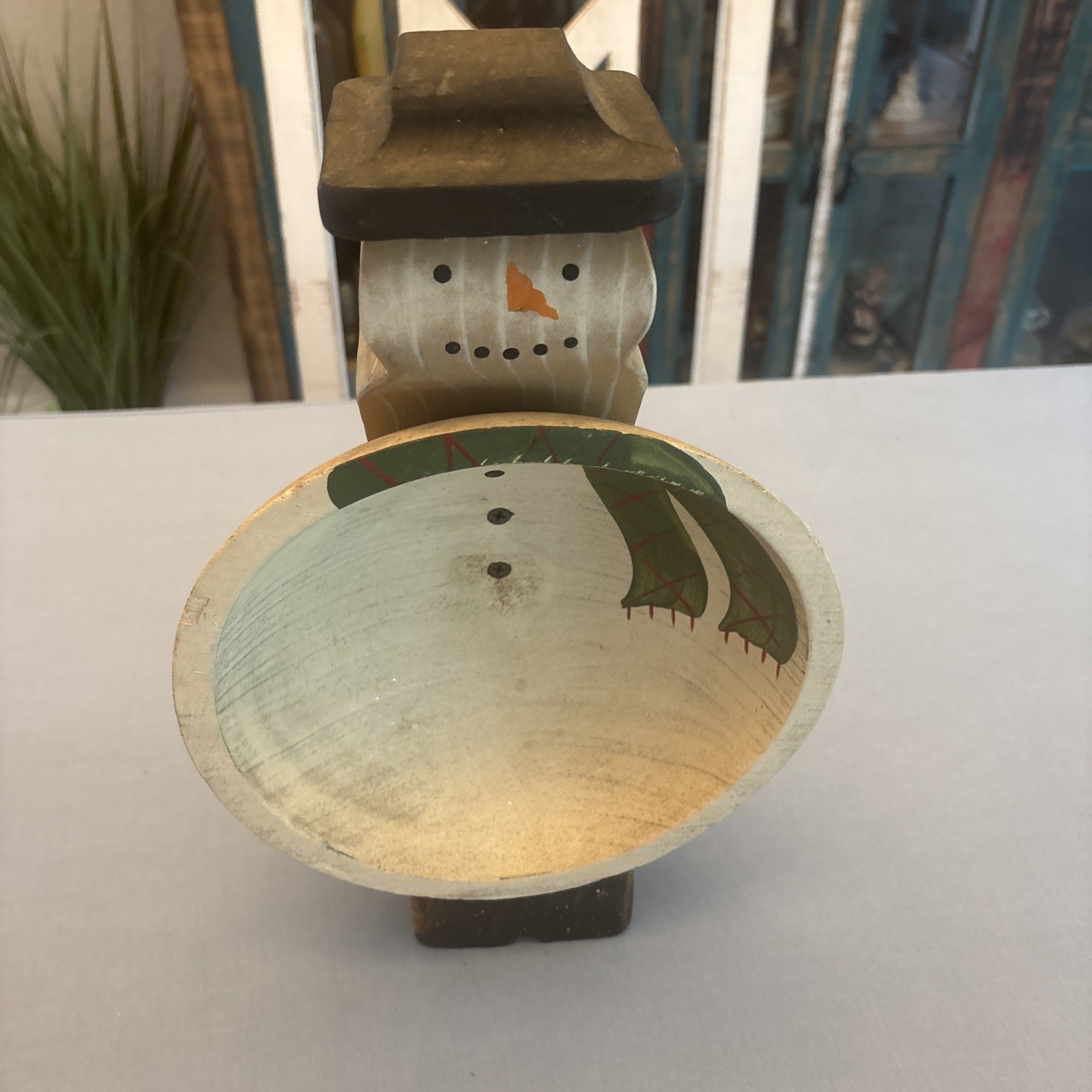 Vintage Rustic Wood Snowman Figurine Bowl - Christmas Snowman Decor