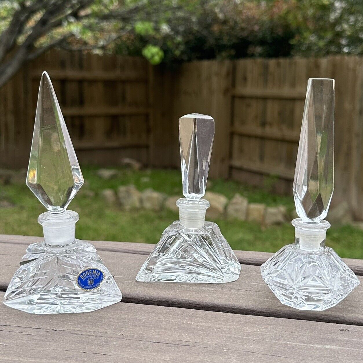 Czech Boho Cut Crystal Perfume Bottles Geometric Multi Faceted Art Deco SET OF 3