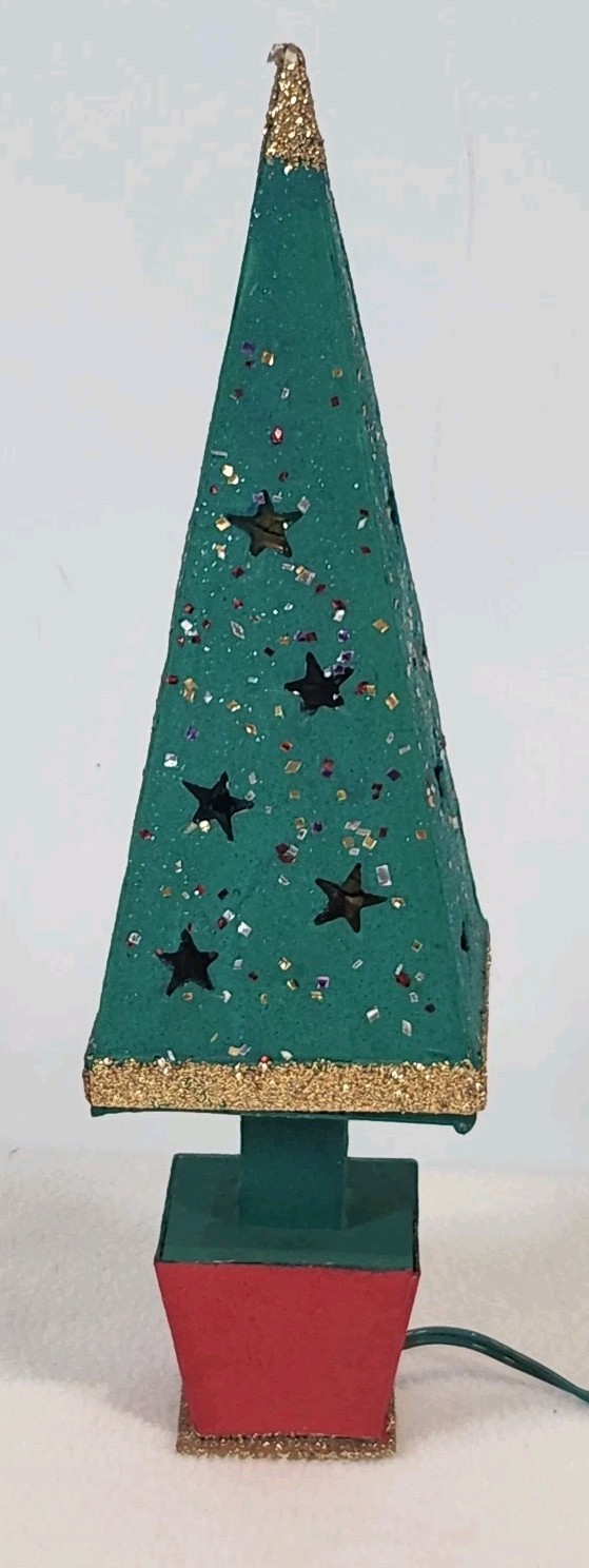 Vintage Putz Cardboard Light Up Four Sided Christmas Tree Tall Centerpiece JAPAN