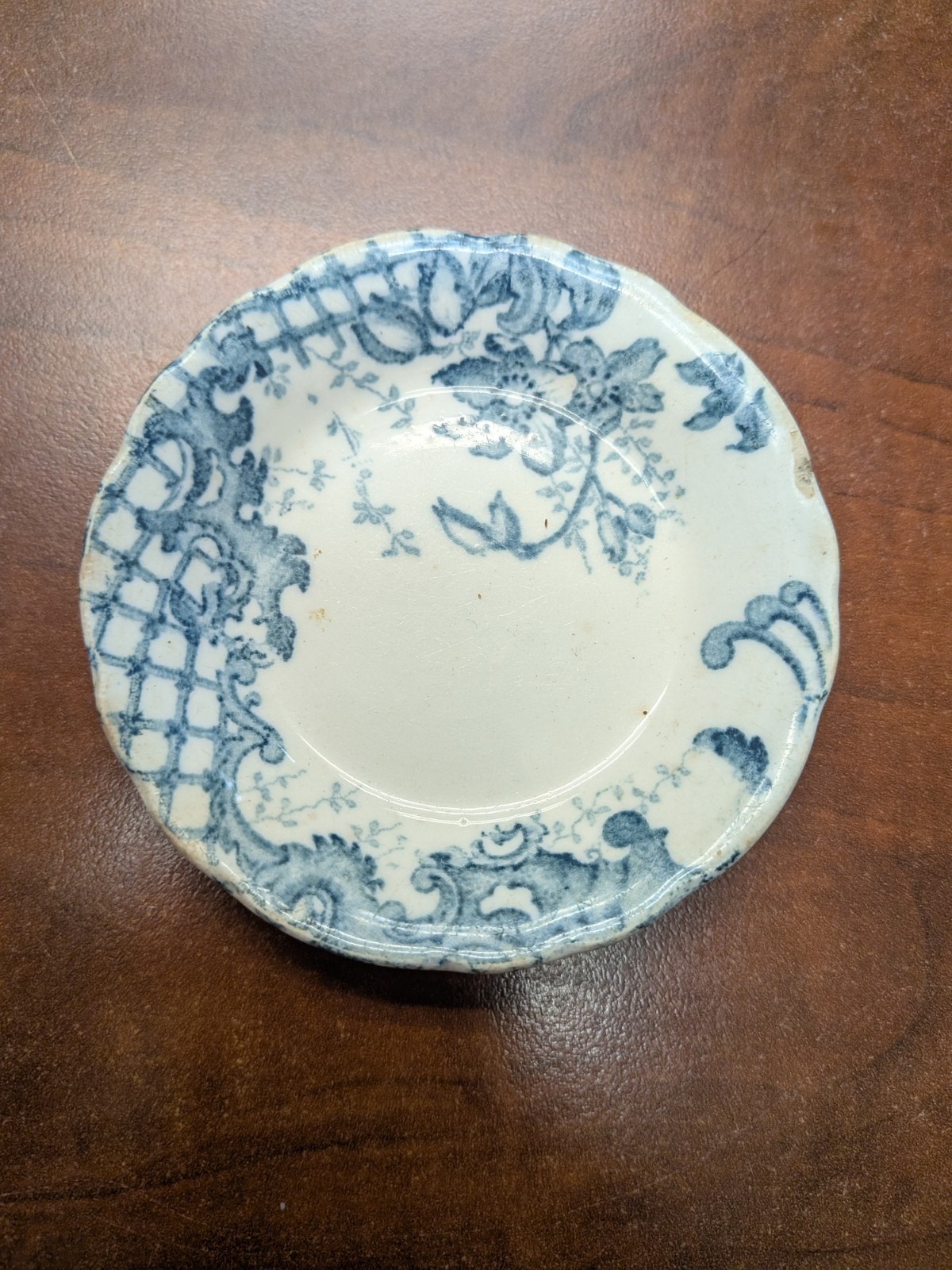 Antique Blue Transferware Butter Pat 3.25” Scalloped Floral Unmarked 1800s