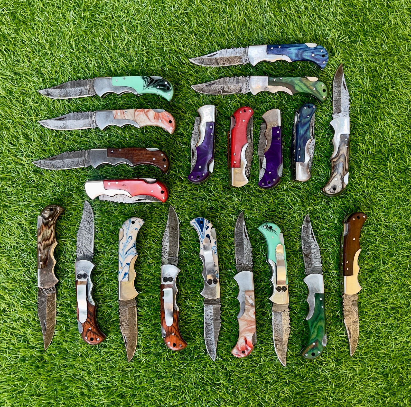Custom Handmade Damascus Folding Knives – Lot of 20 + Leather Sheaths