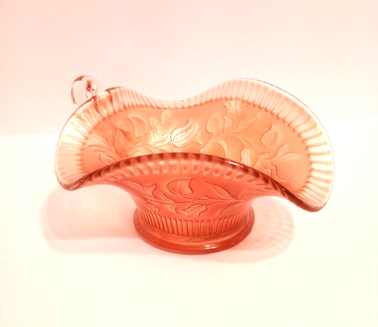 Antique Dugan Marigold Wildflower Carnival Glass Handled Nappy Bowl