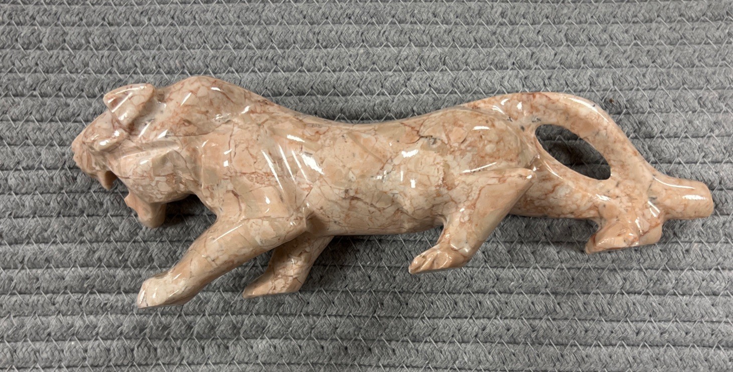 Vintage Carved Pink Marble Granite Panther Puma Cat Jaguar Figurine 9” L