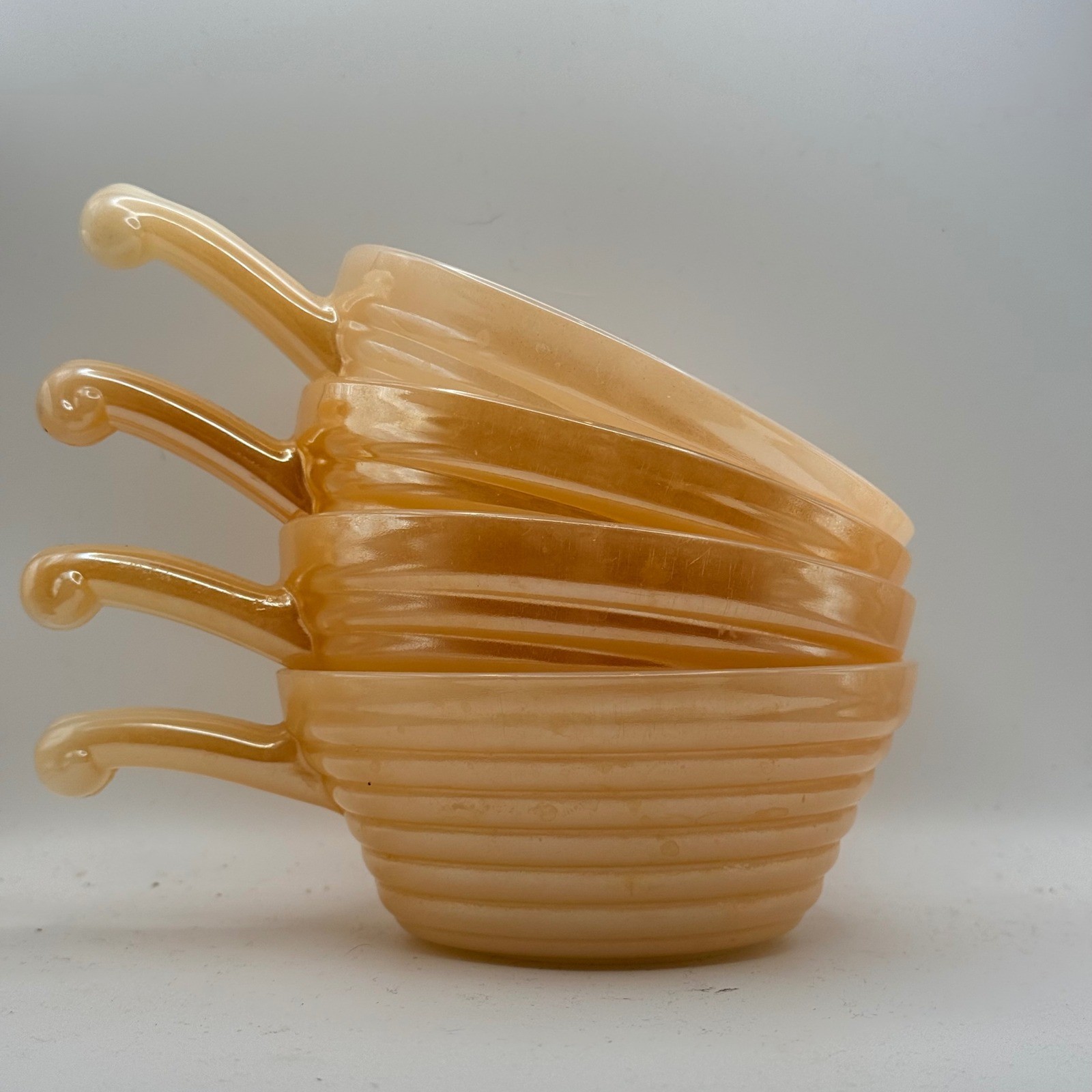 Fire-King Peach Lustre French Casserole Bowls Set of 4 Ribbed Milk Glass Vintage Fire-King Peach Lustre French Casserole Bowls Set of 4 Ribbed Milk Glass Vintage