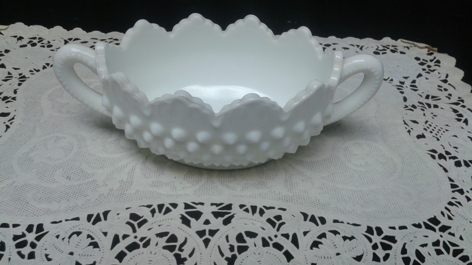 Fenton Hobnail Milk Glass Oval Bowl with Handles