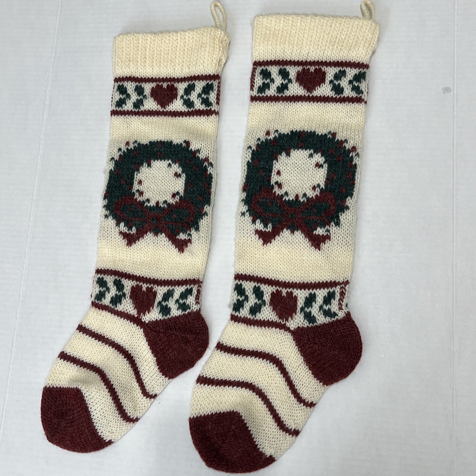 Vintage 20” Fair Isle Knit Christmas Stocking Tree Nordic Wreath- Lot Of 2