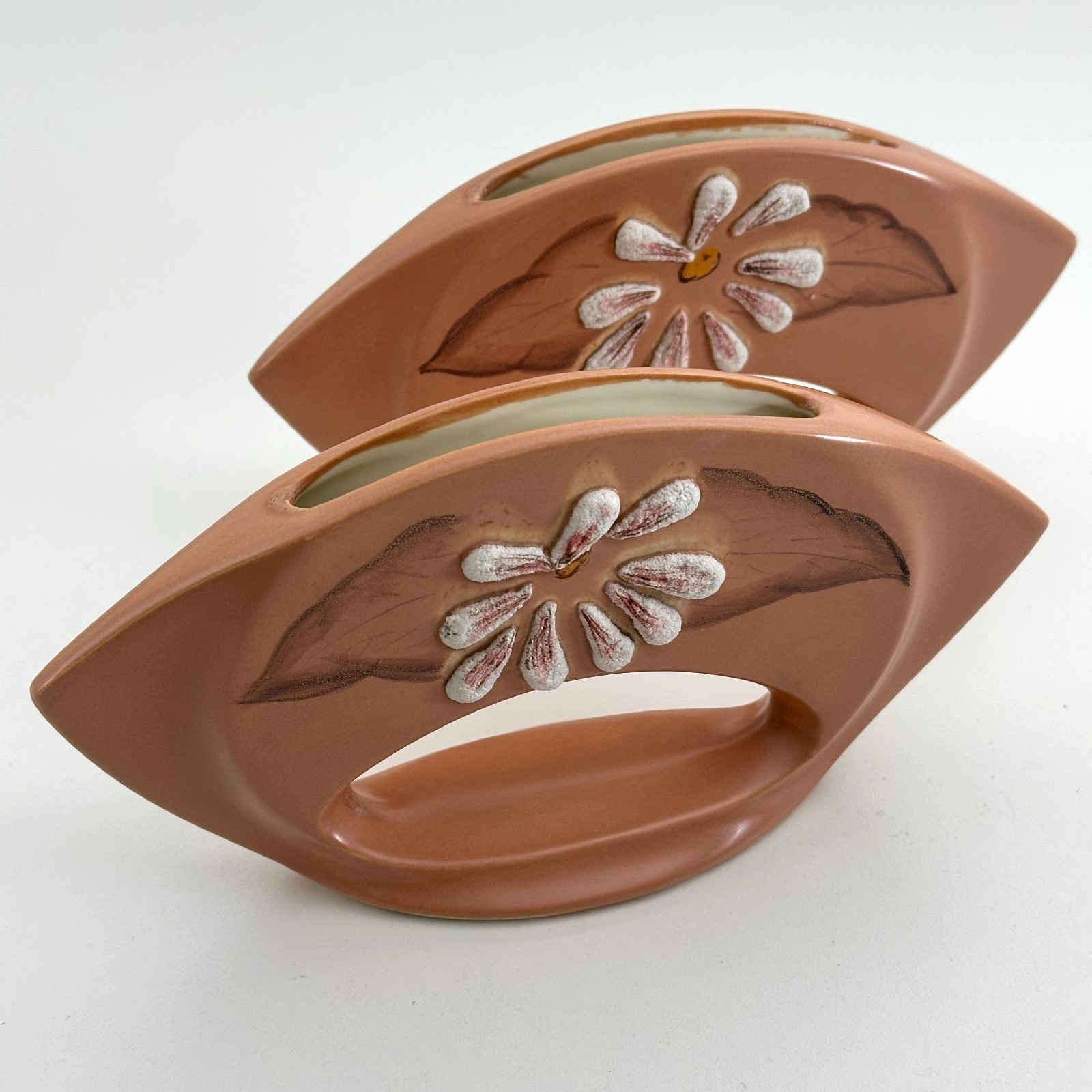 MCM Mauve Pink Lava Flower Vases Hand Painted Leaves 4\