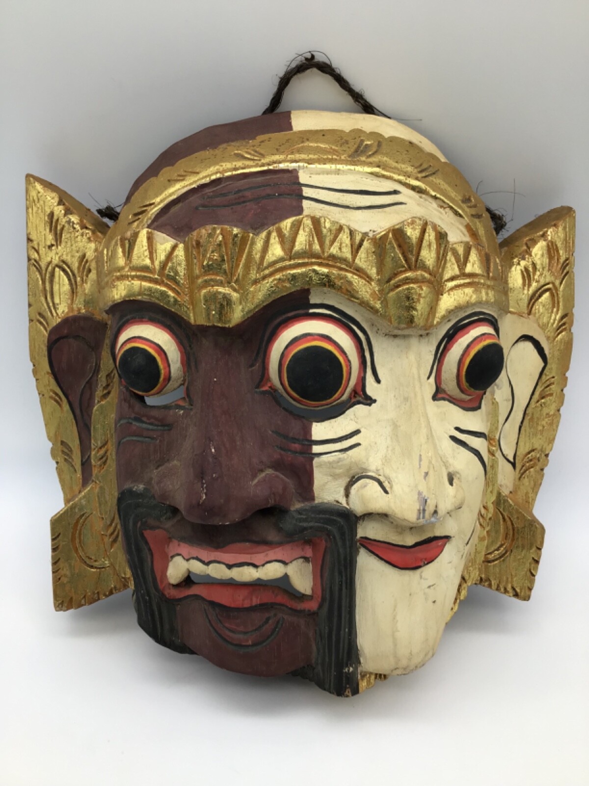 Indonesian 2 Faces 3 Eyes Wooden Hand Carved Mask 9 Inches