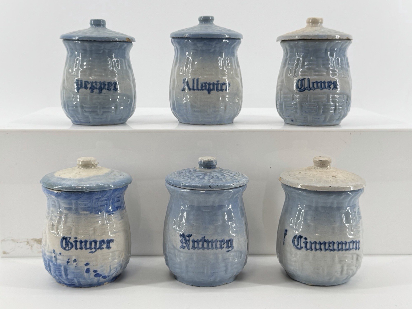 Antique Set Of 6 Blue and White Basketweave Stoneware Spice Jars McCoy
