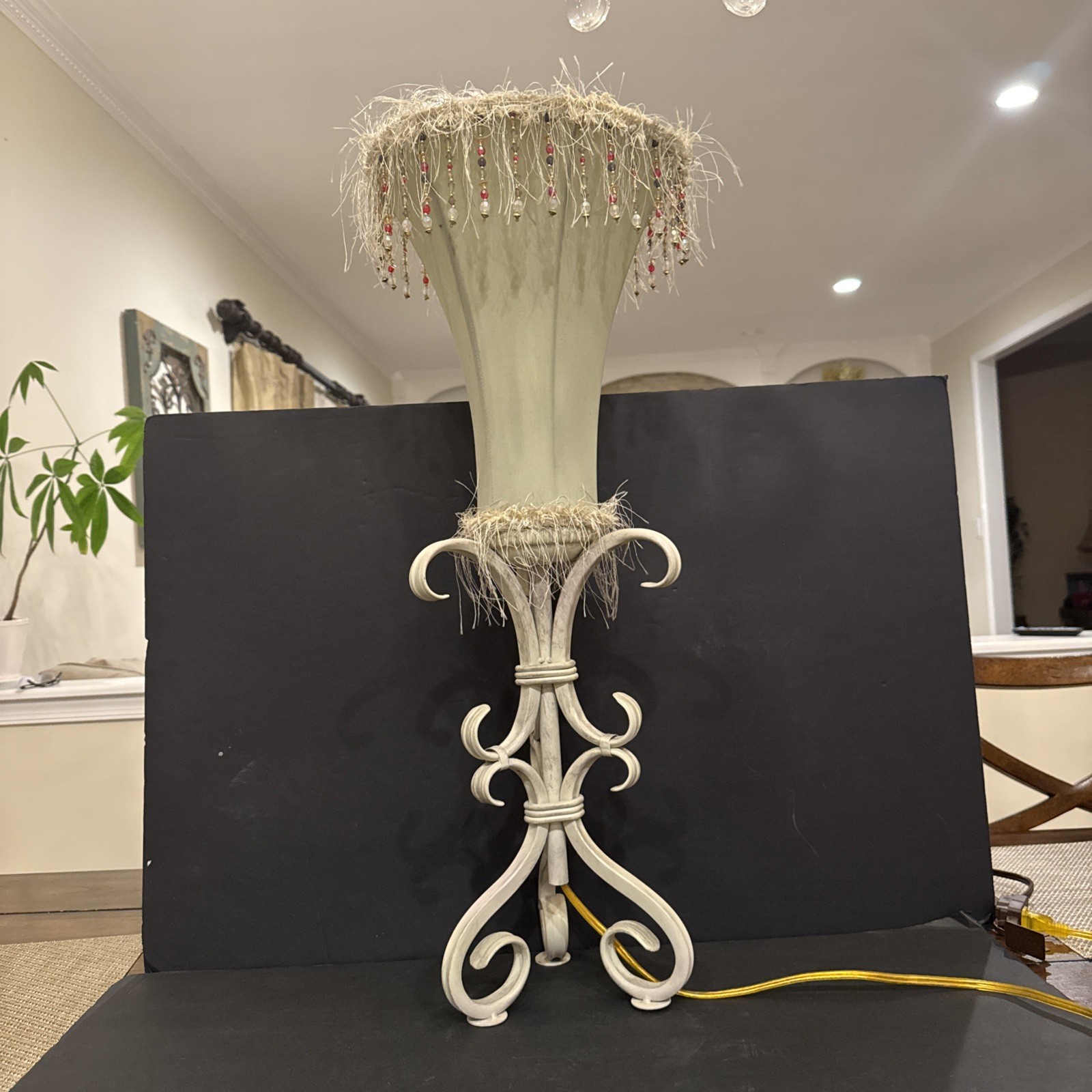 Vintage Bohemian Table Lamp  Ornate Scroll Iron Base W Beaded Fringe Tulip Shade