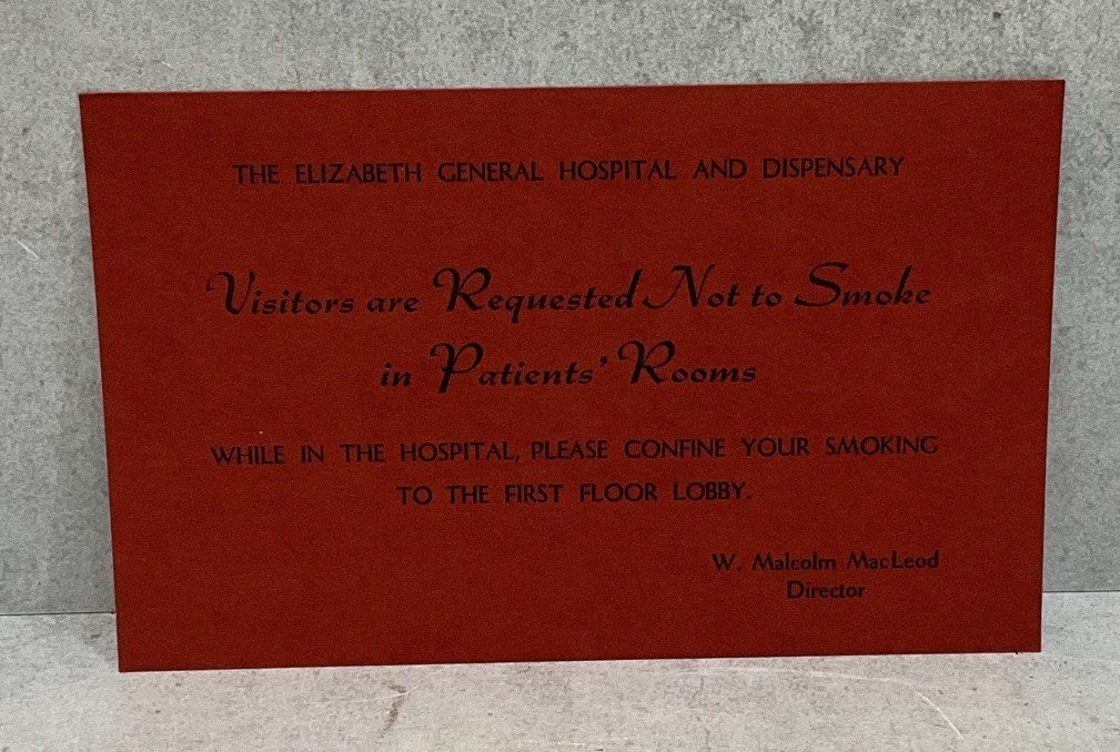 Vintage Elizabeth General Hospital NJ No Smoking In Rooms Card Ephemera