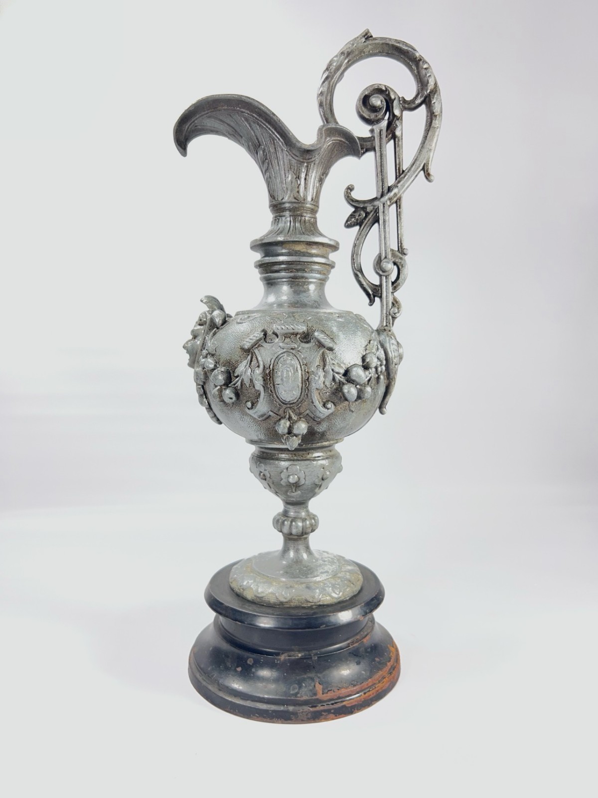 Antique French Pewter Ewer Napoleon III Mask Mount Grape Swags 15in