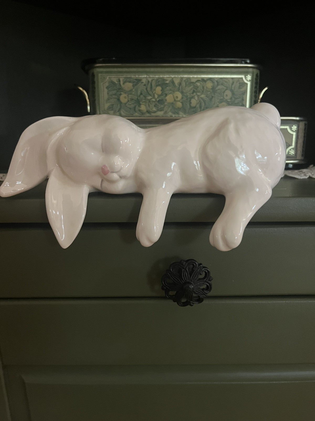 Vintage Sleeping Bunny Shelf Sitter White Easter Figurine Rabbit