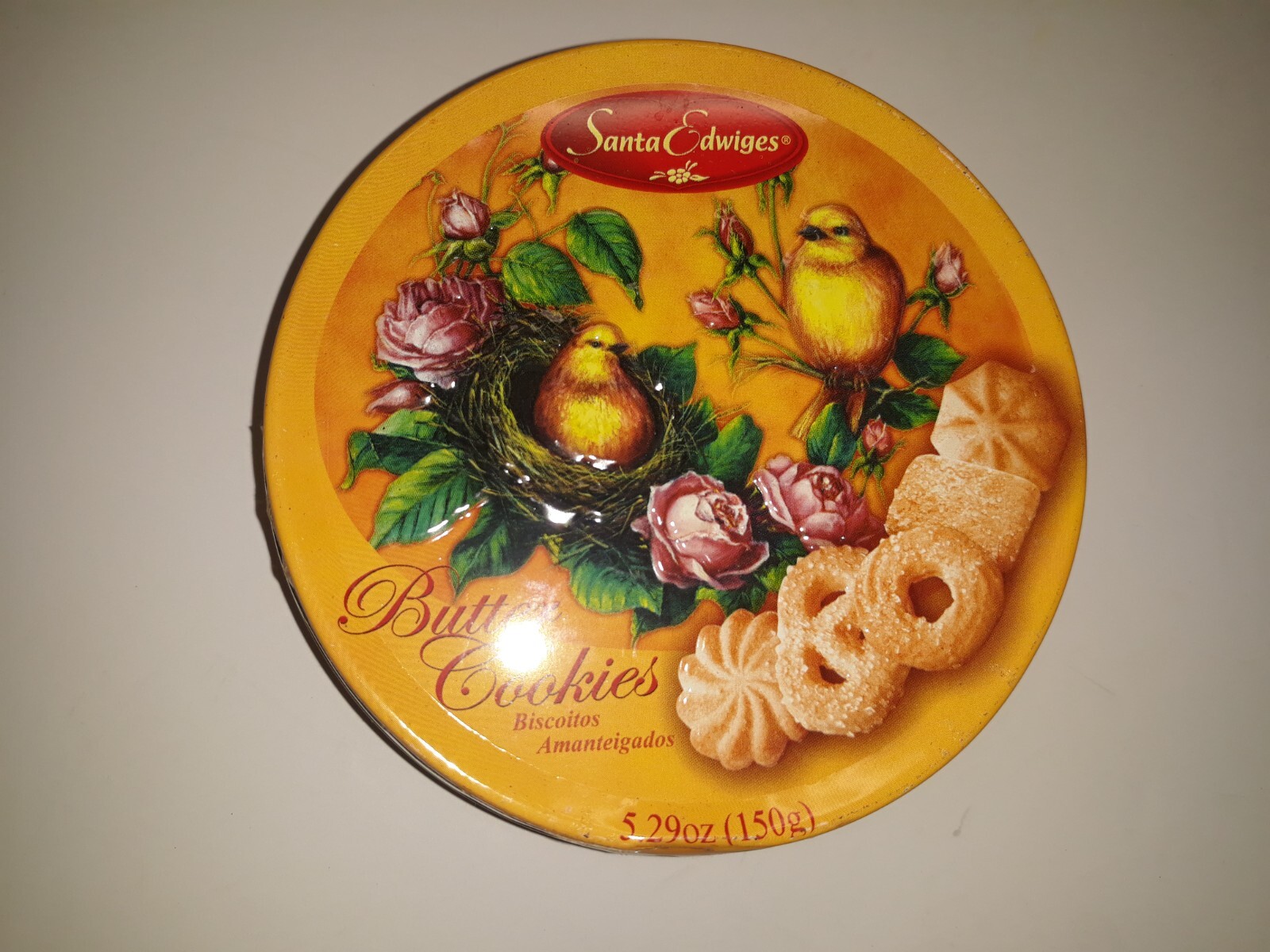 Santa Edwiges Butter Cookies Tin Round Collectible Embossed Birds Empty Vintage