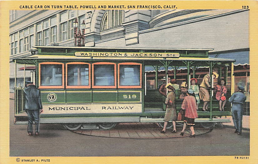Postcard CA: Cable Car on Turntable, Powell & Market, San Francisco Linen