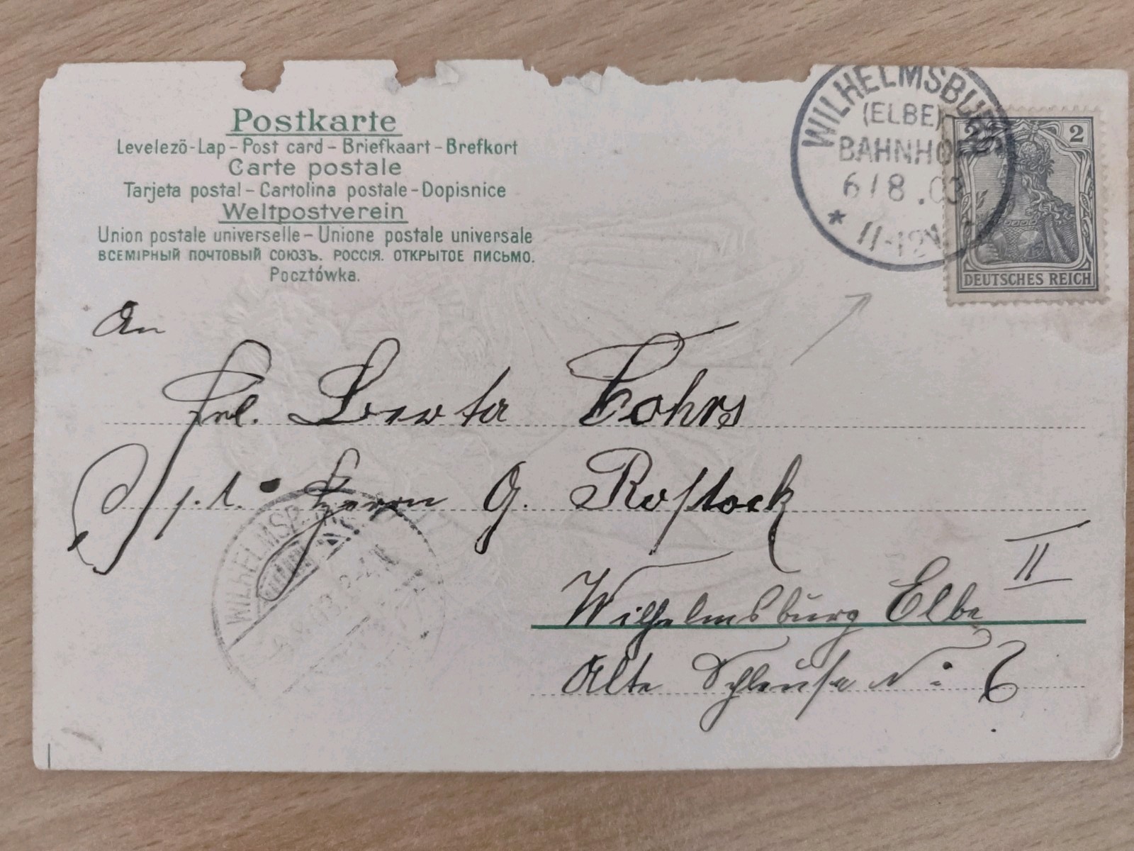 Postcard Wilhelmsburg Elbe station 1903 Germania 2 Pfg correct postage Art Nouveau embossing