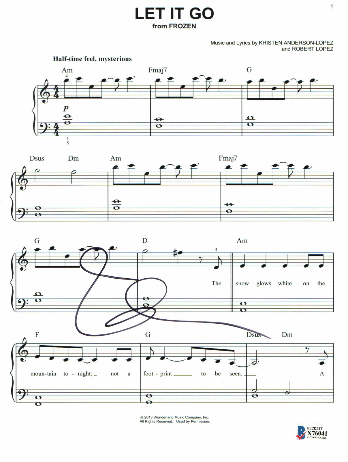 Idina Menzel Signed Autograph Signed Frozen Let It Go Music Sheet Beckett BAS