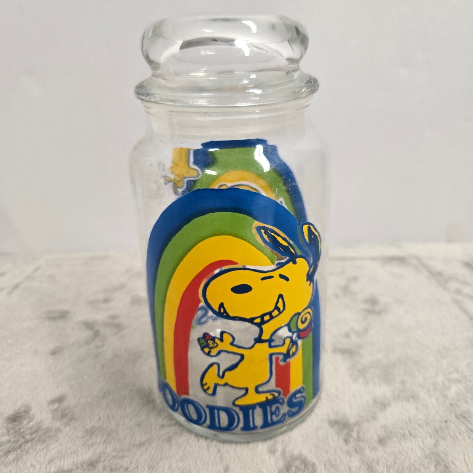 Vintage 1965 Peanuts Snoopy Woodstock Goodies Rainbow Glass Jar with Lid Vintage 1965 Peanuts Snoopy Woodstock Goodies Rainbow Glass Jar with Lid