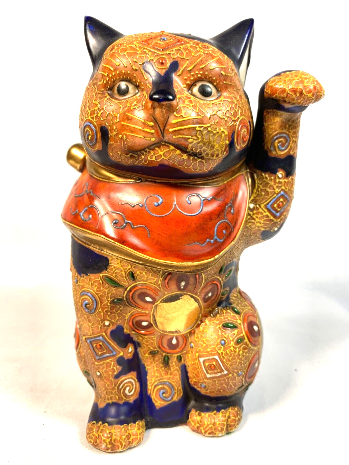 Antique Kutani Maneki Neko Lucky Cat Beckoning Japanese Heavy Moriage 7\