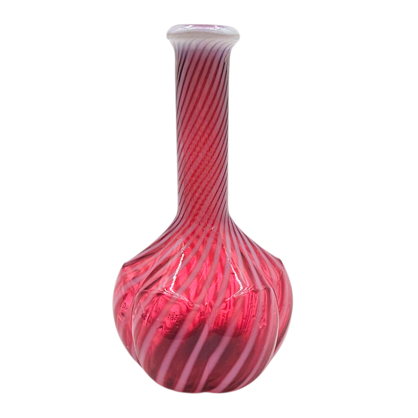 Fenton Cranberry & White Striped Barber Bottle Ribbed Optic Glass Vase 7”
