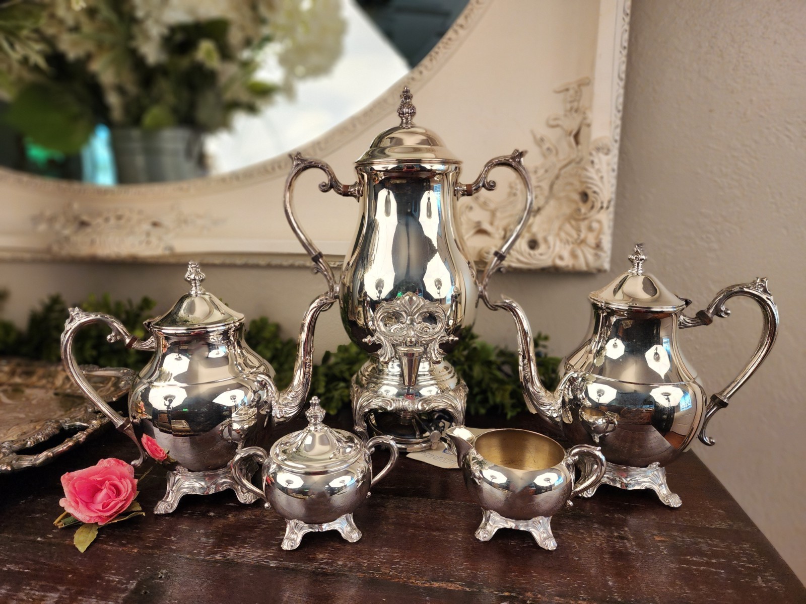 VTG FB Rogers Silverplate Coffee Urn Fountain Tea Service Original 5 Pc Rococo