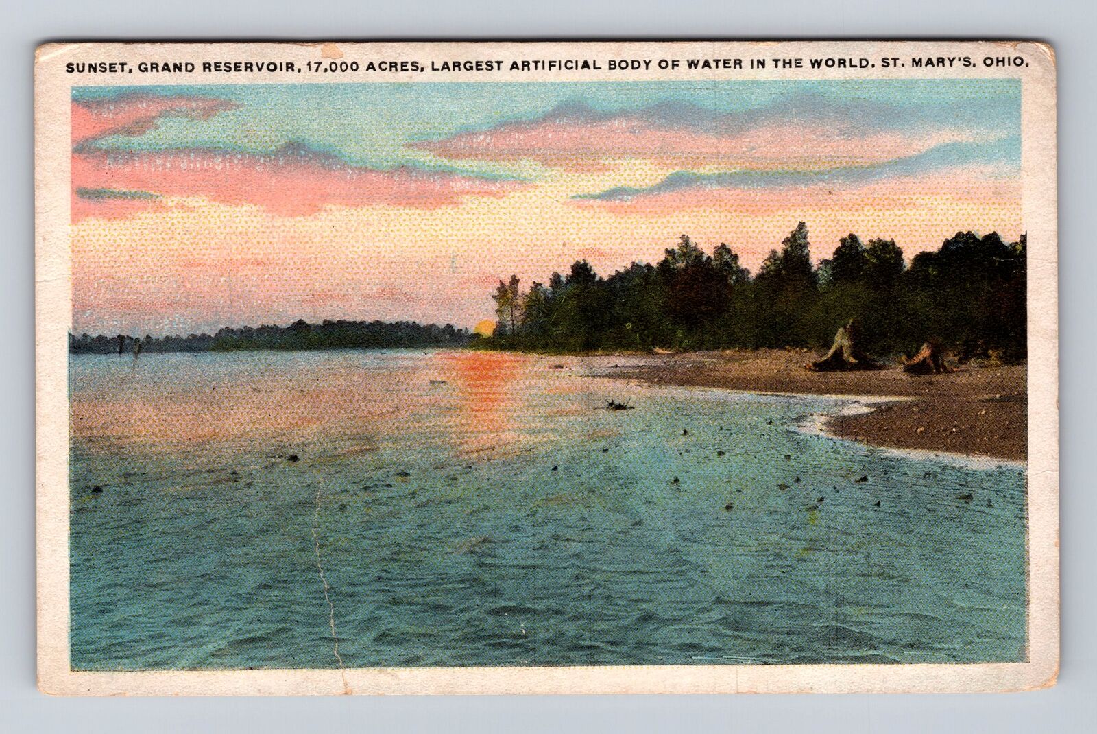 St. Mary\'s Ohio Sunset On Grand Lake St. Mary Reservoir Antique Vintage Postcard