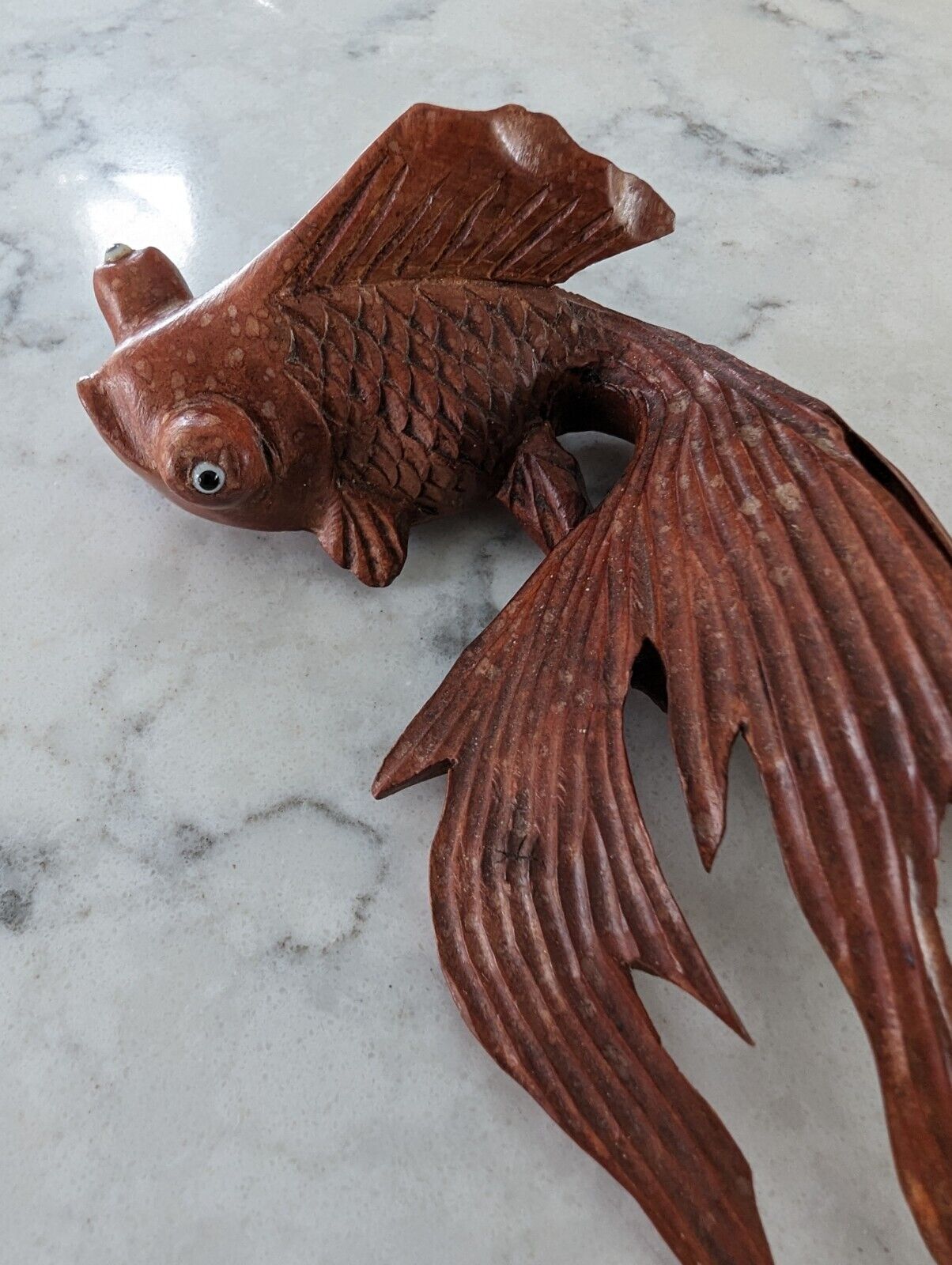 Vintage Rosewood Asian Hand Carved Wooden Koi Goldfish Fantail Eyes Folk Art