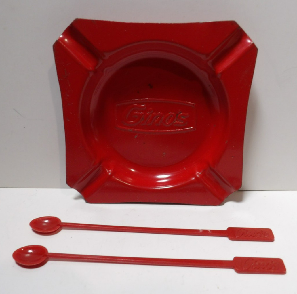 VTG 1970s Gino's Hamburgers Fast Food Restaurant Ashtray Coffee Stirrers Spoons