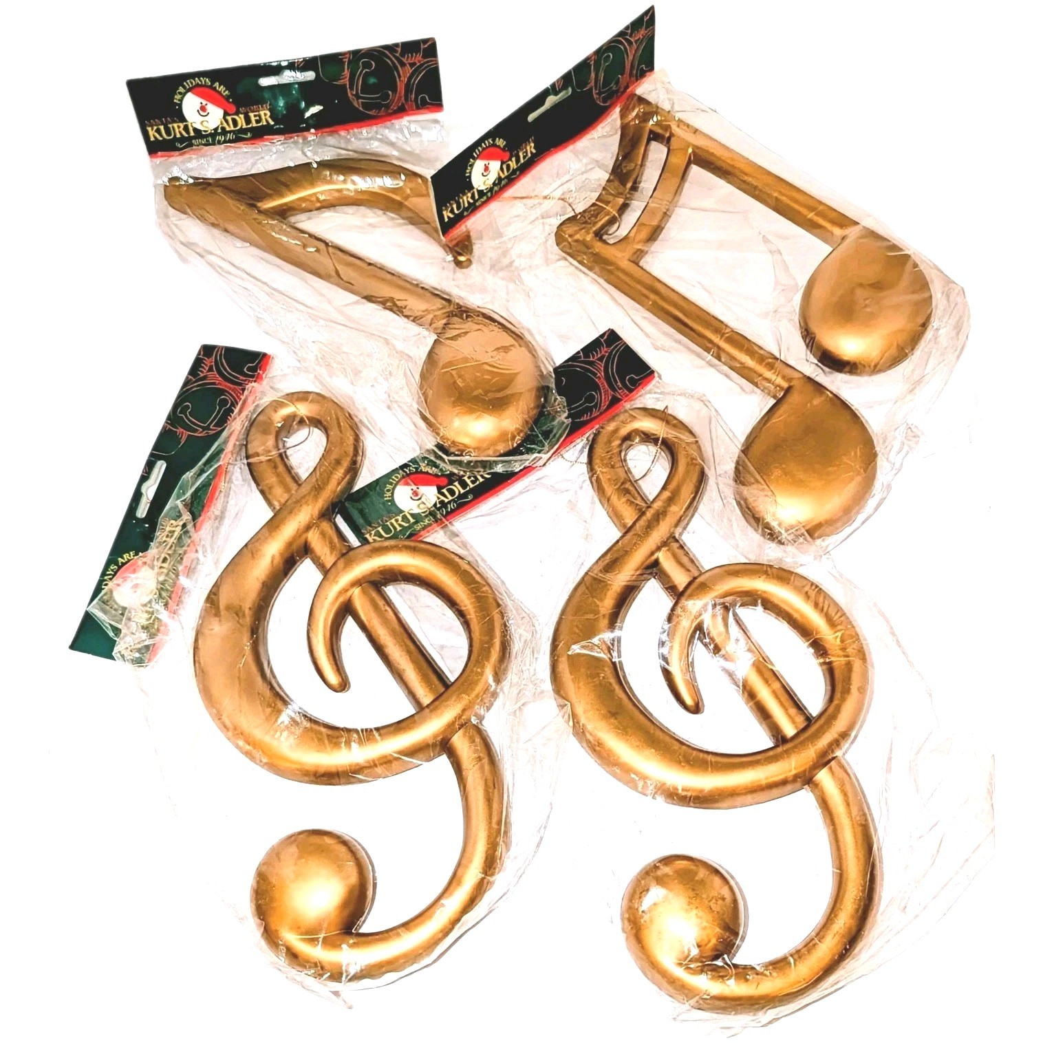 4 Vtg Blow Mold Kurt Adler 3D Gold Musical Music Notes Treble Jumbo Ornament NEW