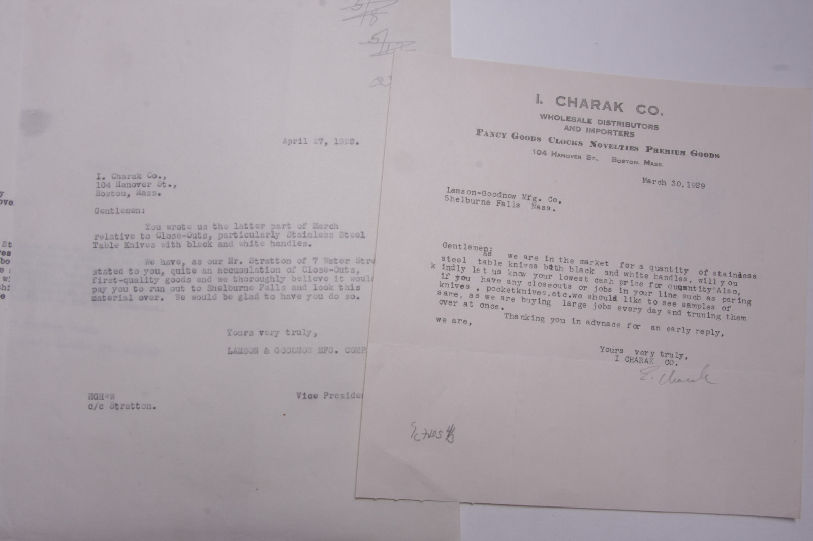 1929 Lamson Goodnow I Charak Co Importers Boston MA Signed Ephemera L452K