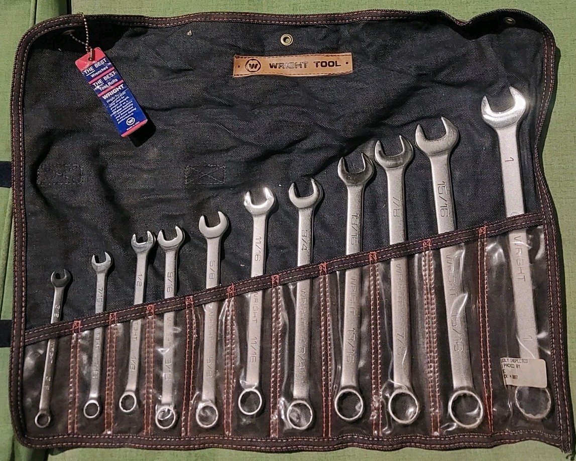 New Vtg WRIGHT TOOL 12 POINT SAE 11 PIECE COMBO WRENCH SET W/SLOTTED DENIM POUCH