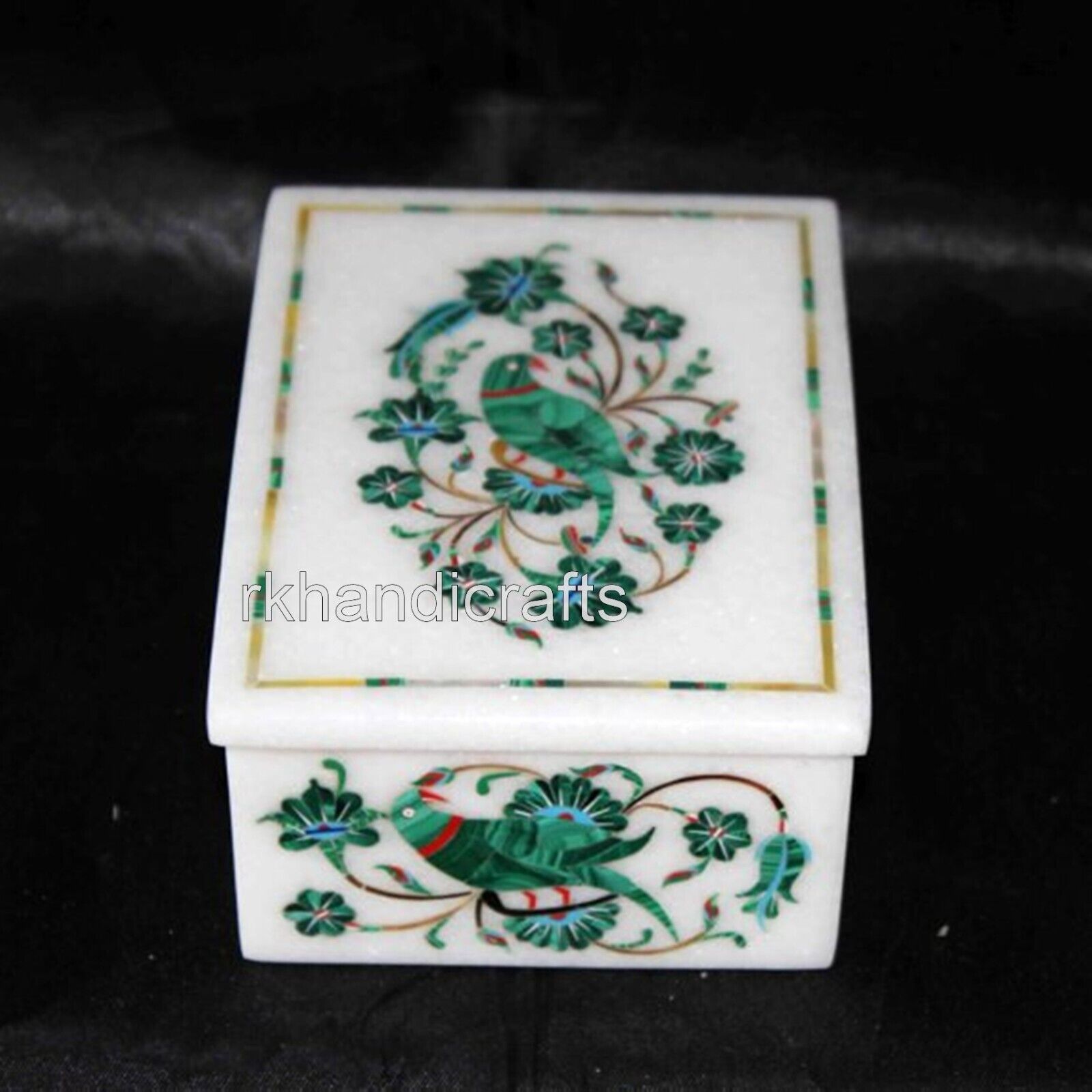 5 x 3.5 Inches White Marble Tie Box Malachite Stone Inlay Work from Vintage Art