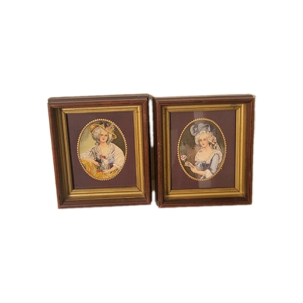  Vintage French Style Wood Framed Needle Painting Embroidered Portraits (2)