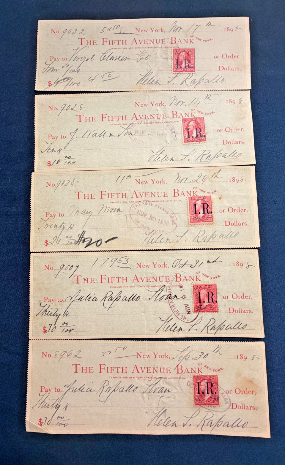 1898 Spanish American War Era Check Lot (5) Revenue Stamps Fifth Avenue Bank NY 1898 Spanish American War Era Check Lot (5) Revenue Stamps Fifth Avenue Bank NY