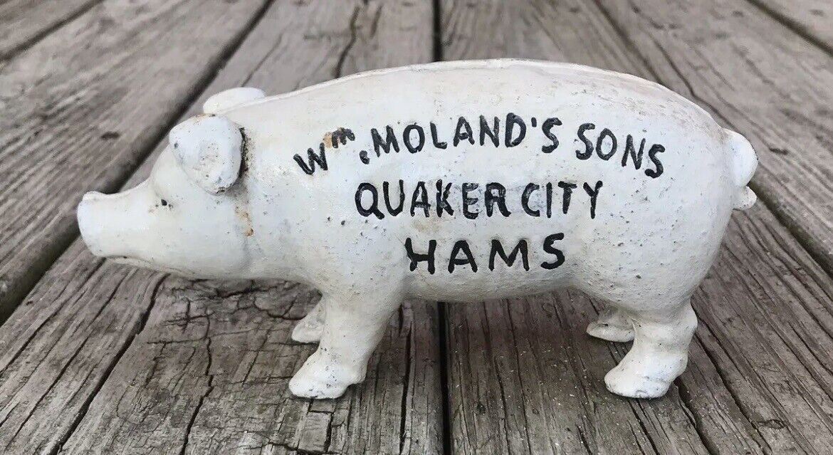 Wm. Moland\'s Sons Quaker City Hams White Pig Cast Iron Coin Piggy Bank